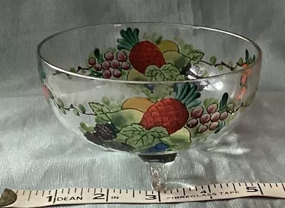 Buy Small Antique Footed Clear Glass Bowl 4.5” Hand Painted Fruit Art Deco C1910-30 • 12£