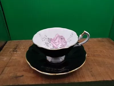 Buy Vintage Queen Anne Bone China Black With Rose Cup And Saucer • 24.95£