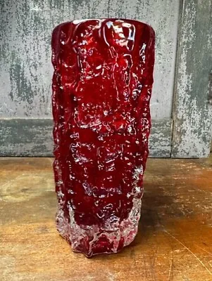 Buy Whitefriars 50-60's Ruby Red And Clear Bark Texture Rounded Glass Vase 7.5 Inch • 67.49£