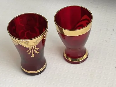 Buy 2x Vintage Cordial Shot Glasses Gold Plated Hand Painted Red Floral  Design • 12.63£