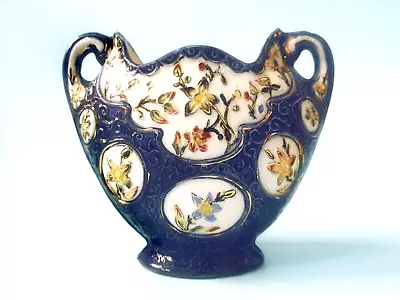 Buy Vtg  J Marked Floral Decor Cobalt Blue Majolica Pottery Ceramic Vase W/ Handles • 39.99£