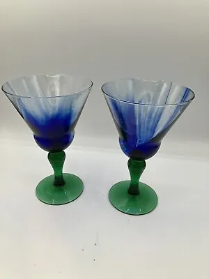Buy Set Of 2 Art Glass Cobalt Blue Swirl Goblets With Green Stems Bar Ware • 18£