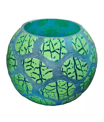 Buy Art Glass Vase Round Blue Green Crackle Etched Unique Unmarked Heavy MCM • 37.63£