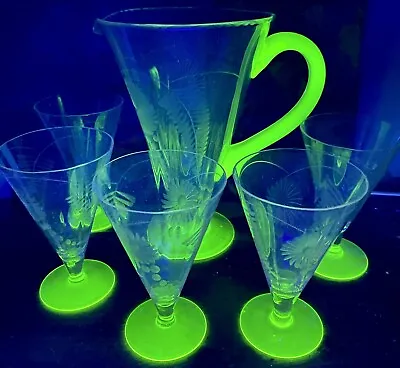 Buy Pitcher Glasses Set Uranium Art Deco XRare Antique Green Etch Studio Glass C1920 • 160.16£