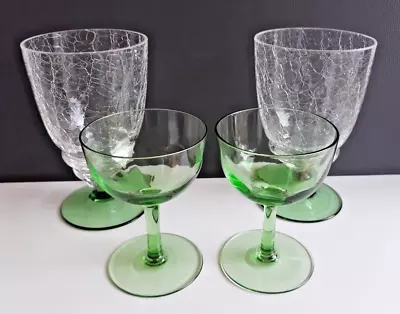 Buy Vintage 4 Green & Clear Glasses - 2 Crackle Glass Tumblers/ 2 Liqueur • 14.95£
