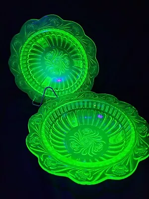 Buy 2 Floral Scalloped Edge Green Uranium Depression Glass Footed Serving Bowls • 93.59£