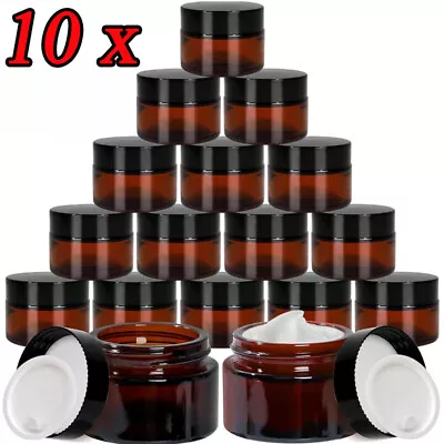 Buy 10x 60ml Empty Round Cosmetic Glass Jar Tinted Brown Lids Lotions Container • 10.59£