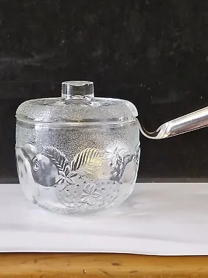 Buy VINTAGE FROSTED PRESSED GLASS PRESERVE POT & LID, JAM With UNUSUAL SERVING SPOON • 7.99£