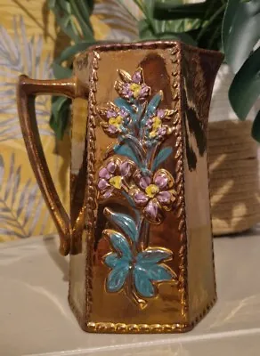 Buy Antique Ceramic Copper Lustre Ware Jug Hand Painted Floral Pottery 20cm Tall Hex • 27£