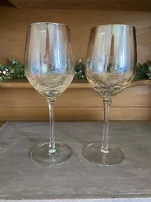 Buy Set Of 2 Pier 1 Amber Crackle Golden Luster Wine Glasses Hand Blown 9  ~NICE~ • 25.06£
