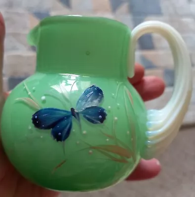 Buy PAIRPOINT H. Blown/Painted JUG BUTTERFLY Signed. Green VASELINE GLASS Rib Handle • 48£