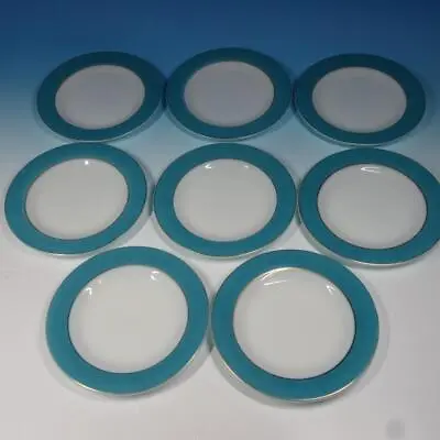 Buy Vintage USA Pyrex Milk Glass - Turquoise Blue Gold Band - 8 Lunch Salad Plates • 48.15£