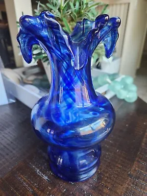 Buy Vintage Cobalt Blue Glass Ruffled Fluted Edge Vase 8   Tall • 43.16£