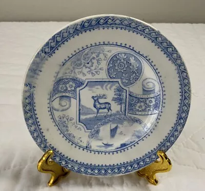 Buy Antique Small Children’s Plate, The Stag, Staffordshire, England, Blue • 13.50£