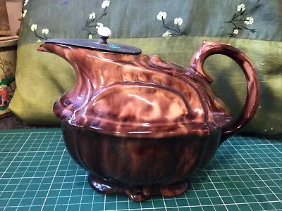 Buy Unusual Antique Majolica Brown Treacle Glaze Teapot Gilt Hints Pewter Lid C.1905 • 10£