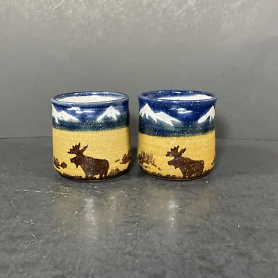 Buy 2 Montana Earth Pottery Moose Tumblers Blue Brown Cups Mountains Woodlands 6 Oz • 18.96£