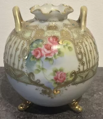Buy Antique NORITAKE Porcelain Globe Shaped PINK ROSES With MORIAGE 3 Footed VASE • 30£