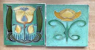 Buy Antique Majolica Art Nouveau Fireplace Tiles Tulip Design 6 “ Pair OF • 70£
