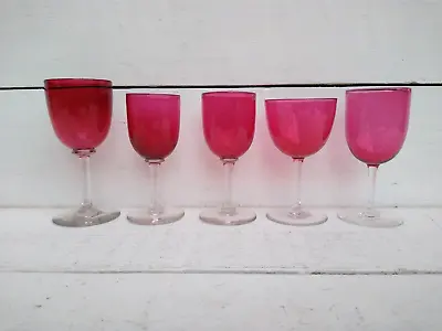 Buy 5 ANTIQUE VINTAGE Cranberry Glass Wine Glasses • 20£
