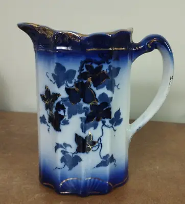 Buy Antique, Victorian, Flow Blue, Decorative Jug With Gilt Ivy Leaves, 17.5cm Tall • 7.95£