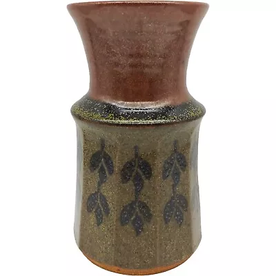 Buy Handmade Pottery Stoneware Flower Vase - 8  Vtg Green Brown Floral Leaf Signed • 20.28£