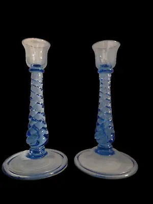Buy Pair Of Blown Glass Tiffin Twisted Stem Ritz Blue Candle Sticks Vintage • 21.50£