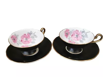 Buy Vintage Royal Stafford Black Bisque And Pink Anenome Tea Cups And Saucers X 2 • 34.99£