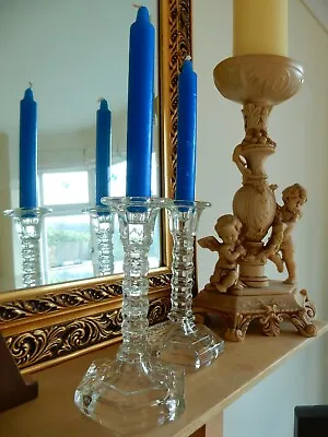 Buy PAIR Tall Glass Candlesticks Vintage ART & CRAFTS Decorative Ribbed Stems 7 1/8  • 22.75£