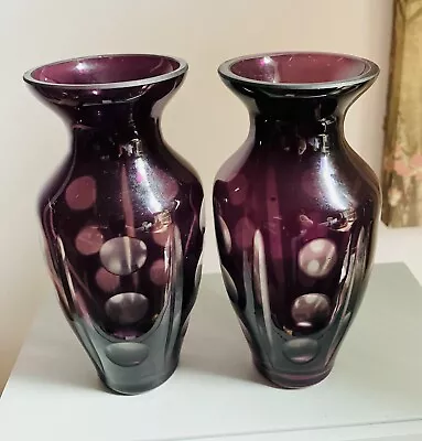 Buy Pair  14cm Vintage Czech Bohemian Purple Cut To Clear Faceted Glass Vases • 55£