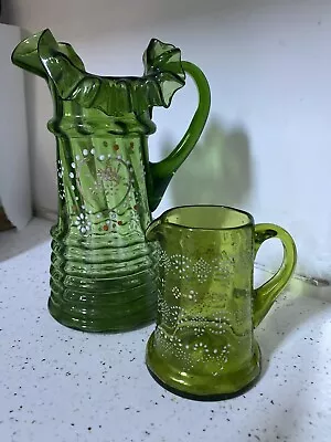 Buy Vintage Fluted Hand Painted Green Glass Handled Jugs Rough Pontil 15cm Tallest • 20£