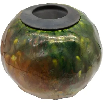 Buy Handmade Signed Raku Pottery Ikebana Vase - 7  Large Round Green Brown Metallic • 53.67£