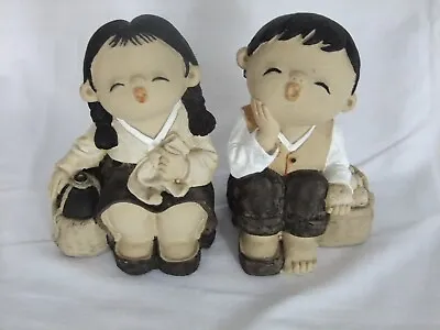 Buy Pair Of Oriental Peasant Children Figures Seated Selling Wares - Hand Painted • 14.95£