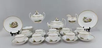 Buy Antique C1800 32-Piece Porcelain Tea Set Hand Painted English Countryside  • 1,150.85£