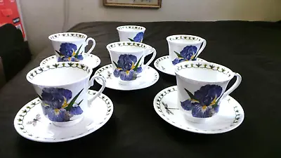 Buy Six Queen Rosina Blue Iris Bone China Cups And Sauces. • 37.89£