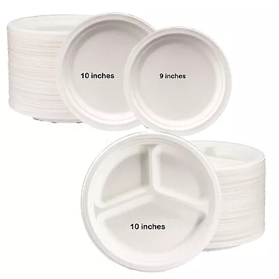 Buy Super Rigid Strong Disposable Bagasse White Biodegradeable Paper Party Plates • 8.99£