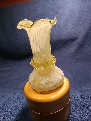 Buy Vtg Spatter Hand Blown Yellow Clear & White Ruffled Top Applied Ribbon Vase  • 14.38£