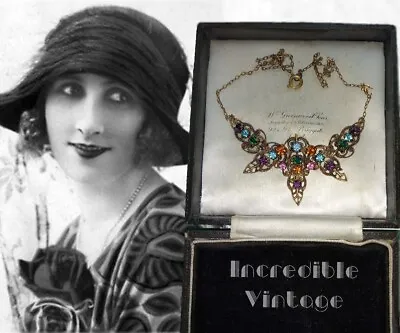 Buy Vintage Art Deco Czech Tutti Frutti Rhinestone Filigree Necklace 1920s Bohemian • 45£
