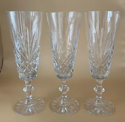 Buy CHAMPAGNE FLUTES Set Of 3 Cut Crystal Lead Glass Criss Cross Glasses 7 1/2  • 9.95£
