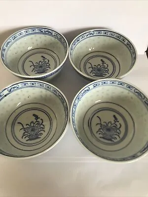 Buy Set Of 4 Chinese Rice Eyes Pattern Blue & White Soup & Sauce Bowl’s • 20£
