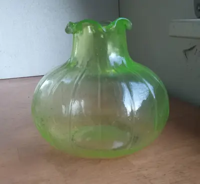 Buy Hand Blown Vaseline Art Glass Vase Downer Glass Works New Jersey Ruffled Rim • 54.76£