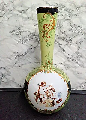 Buy Antique Victorian Hand Painted Bohemia Opaque Glass Cherub Vase • 25£