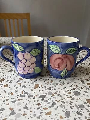 Buy Spanish Hand Painted Pottery Coffee Mugs Blue Fruits Apples Lemons Grapes • 14.99£