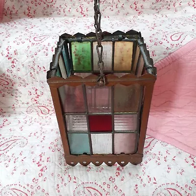 Buy Large Vintage Leaded Stained Glass Panel Hanging Lantern • 145£
