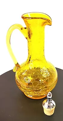 Buy Vtg Crackle Glass Pitcher Hand Blown Amber Yellow Applied Handle Cork Stopper • 8.98£