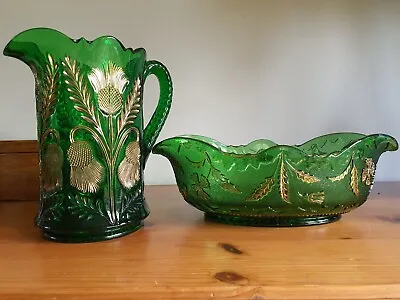 Buy Antique Victorian Green Gold Glass EAPG Jug And Bowl Cambridge Glass Thistle • 25£