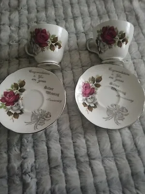 Buy Silver Wedding Anniversary  Cups And Saucers (Pair) By Duchess Fine Bone China • 15£