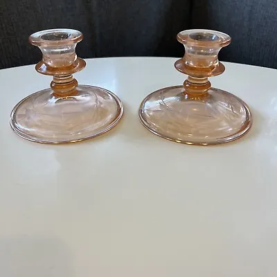 Buy Pair Vintage Pink Depression Glass Candle Holders Etched Floral Berry Vine • 18.74£