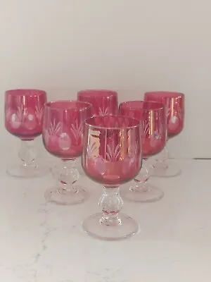 Buy 6 Bohemian Style Cranberry Glasses Flash Cut To Clear Sherry Small Wine Vintage • 32£