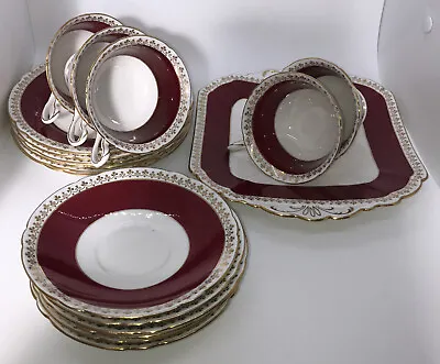 Buy Vintage SHELLEY  Red/ White/ Gold Trios & Cake Plate. Part Set. Fine Bone China • 19£