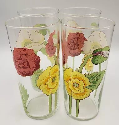 Buy Vintage Federal Glass Drinkware Floral Poppies Tall Red Yellow White Set Of 4 • 23.53£